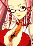  .hack//g.u. 1girl ;) artist_request bare_shoulders blush breasts cleavage close-up glasses large_breasts looking_at_viewer lowres necktie oekaki one_eye_closed pi_(.hack//) red-framed_eyewear red_eyes semi-rimless_eyewear smile solo under-rim_eyewear 