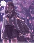  artist_request black_hair cherry_blossoms copyright_request dated hair_ribbon long_hair moon moonlight night non-web_source purple_eyes ribbon school_uniform signature solo thighhighs very_long_hair zettai_ryouiki 