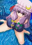  barefoot bow breasts cleavage from_above hair_bow hat large_breasts long_hair looking_up partially_submerged patchouli_knowledge purple_hair ribbon sitting solo swimsuit touhou tsukudani_shirou wariza water 