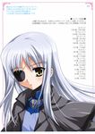  bodysuit cinque_(nanoha) coat eyepatch highres kanna_(plum) long_hair looking_at_viewer lyrical_nanoha mahou_shoujo_lyrical_nanoha_strikers numbers'_uniform numbers_(nanoha) open_clothes open_coat sidelocks silver_hair simple_background solo text_focus translation_request upper_body white_background yellow_eyes 