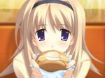  blonde_hair chaos;head close-up food game_cg hairband long_hair matsuo_yukihiro nishijou_nanami purple_eyes solo 