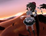  amagase_lyle bird black_hair black_wings crow flying geta hat looking_at_viewer shameimaru_aya short_hair skirt solo tengu-geta touhou wings 