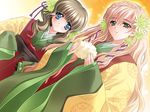  blonde_hair blue_eyes braid brown_hair carnelian flower formal futaba_riko game_cg green_eyes japanese_clothes long_hair multiple_girls shirakawa_asuna touka_gettan twin_braids 