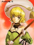  .hack//g.u. 1girl artist_request atoli_(.hack//) beret blonde_hair blush brown_eyes closed_mouth collar criss-cross_halter detached_sleeves dress green_dress halterneck hat long_sleeves looking_at_viewer lowres short_hair smile solo 