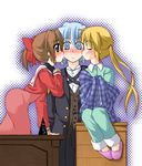  2girls ayasaki_hayate blue_eyes blue_hair blush brown_eyes brown_hair hair_ribbon hayate_no_gotoku! kiss maria_(hayate_no_gotoku!) multiple_girls otamon pajamas ponytail ribbon sanzen'in_nagi school_uniform slippers twintails 