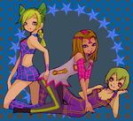  armband artist_request bare_shoulders blue_eyes boots braid breasts brown_hair cleavage collarbone double_bun ermes_costello foo_fighters green_eyes green_hair hairlocs jojo_no_kimyou_na_bouken kneeling kuujou_jolyne lying multicolored_hair multiple_girls orange_eyes overalls scar short_hair sleeveless small_breasts smile star stone_ocean tattoo tongue 