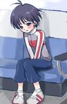  antenna_hair black_eyes black_hair couch denim idolmaster idolmaster_(classic) idolmaster_1 jacket jeans kikuchi_makoto non-web_source pants raglan_sleeves sad short_hair sitting solo tears 