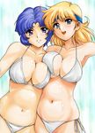  bikini blonde_hair blue_eyes blue_hair breast_press breasts cleavage headband kusuha_mizuha large_breasts lune_zoldark multiple_girls non-web_source purple_eyes shiny shiny_skin short_hair shu-z super_robot_wars super_robot_wars_original_generation super_robot_wars_the_lord_of_elemental swimsuit 