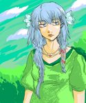  artist_request blind blue_eyes blue_hair copyright_request flower hair_flower hair_ornament jewelry necklace solo 