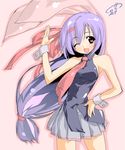  ;d alternate_costume alternate_hairstyle animal_ears bad_id bad_pixiv_id bare_shoulders bunny_ears hand_on_hip headband long_hair necktie one_eye_closed open_mouth ponytail purple_hair red_eyes red_neckwear reisen_udongein_inaba skirt sleeveless smile solo take_shinobu touhou very_long_hair waving wrist_cuffs 