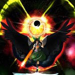  arm_cannon arm_up arugeri black_hair black_sun bow cape eclipse floating glowing hair_bow highres large_bow large_wings long_hair looking_at_viewer paint_splatter pointing radiation_symbol red_eyes reiuji_utsuho ribbon smirk solar_eclipse solo spread_wings star_(sky) sun third_eye touhou weapon wings 