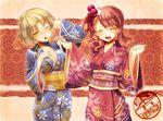  :d blonde_hair blush breasts chopsticks cleavage closed_eyes collarbone hair_ornament hair_stick highres japanese_clothes kimono large_breasts luize multiple_girls open_mouth psan sara_(touhou) short_hair side_ponytail smile touhou touhou_(pc-98) wide_sleeves yellow_eyes yukata 