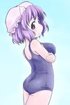  hat kusaba_(kusabashiki) letty_whiterock one-piece_swimsuit purple_eyes purple_hair school_swimsuit short_hair solo swimsuit touhou 