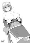  absurdres ayane_(doa) bare_shoulders blush breasts cleavage collarbone dead_or_alive detached_sleeves flying_sweatdrops greyscale headband highres huge_breasts japanese_clothes monochrome nipples short_hair signature simple_background solo sweatdrop thighhighs white_background yama-michi 