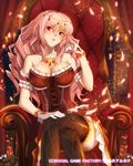  arm_garter black_legwear blush breasts candle candlestand chair circlet cleavage crossed_legs drill_hair earrings gloves jewelry lace lace-trimmed_thighhighs large_breasts lips long_hair looking_at_viewer necklace original pink_hair red_eyes seikon_no_arcana sitting solo thighhighs white_gloves yangsion 