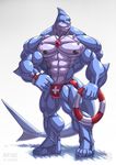  biceps black_nipples blue_skin clenched_teeth clothed clothing fish half-dressed hyper male marine muscles nipples pecs piercing plain_background red_eyes shark smile solo swimsuit teeth topless white_skin wolfiecanem 