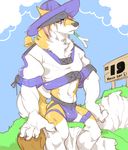 bell black_nose bulge canine chest_tuft clothed clothing cloud clouds dog e-w01f frown fur hair half-dressed hat husky jockstrap male mammal muscles outside partially_clothed pink_hair sky solo tuft underwear white_fur yellow_eyes yellow_fur 