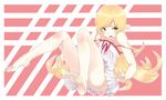  bad_id bad_pixiv_id bakemonogatari bare_shoulders barefoot blonde_hair doughnut dress fang feet food kujuu_shikuro legs long_hair long_legs monogatari_(series) oshino_shinobu pointy_ears soles solo strap_slip toes v yellow_eyes 