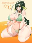  1girl 2013 absurdres ball beachball bikini breasts choker erect_nipples female gills green_bikini green_hair highres huge_breasts long_hair long_ponytail navel new_year original plump ponytail pregnant renges sitting smile solo swimsuit thick_thighs thighs wide_hips yellow_eyes 