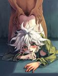  anal bangs blush danganronpa doggystyle faceless faceless_male fucked_silly green_hair highres keiko_rin komaeda_nagito male_focus male_pubic_hair nail_polish out_of_frame pubic_hair red_nails saliva sex solo_focus spoilers super_danganronpa_2 sweat top-down_bottom-up wavy_mouth white_hair yaoi 