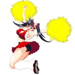  armpits ass black_eyes black_hair breasts buruma_under_skirt cheerleader hair_ornament highres jumping large_breasts leg_warmers ling_xiaoyu long_hair midriff open_mouth pleated_skirt pom_poms skirt smile solo tekken twintails xiao_rui_rui 