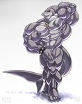  anthro armpits biceps big_muscles clenched_teeth fish flexing great_white_shark grey_skin hyper hyper_muscles male marine markshark muscles necklace nipples nude pecs piercing plain_background pose purple_skin red_eyes shark smile solo tattoo teeth wolfiecanem wristband 