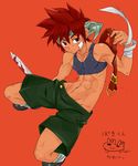  1boy abs bandage blood blush character_request copyright_request joshitsu_(zion16wh) male_focus red_eyes red_hair solo sword translation_request weapon 