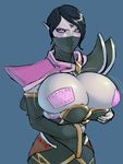  aka6 annoyed black_hair blue_background blue_eyes bouncing_breasts breasts bursting_breasts covered_mouth defense_of_the_ancients dota_2 facial_mark forehead_mark huge_breasts lanaya long_hair mask pasties pointy_ears ponytail purple_skin shoulder_pads simple_background solo torn_clothes 