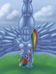  2012 abs anthro anthrofied blue_fur breasts cloud cutie_mark equine female friendship_is_magic fur glenskunk hair handstand mammal multi-colored_hair muscles muscular_female my_little_pony nipples nude outside pegasus purple_eyes pussy rainbow_dash rainbow_dash_(mlp) rainbow_hair solo sweat tongue upside_down wings 