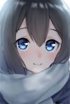  1girl backlighting bangs black_jacket blue_eyes blurry blurry_foreground blush brown_hair closed_mouth commentary_request depth_of_field eyebrows_visible_through_hair grey_scarf hair_between_eyes highres jacket long_hair original scarf simple_background smile solo suzunari_shizuku upper_body white_background yuki_arare 