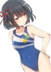  1girl bangs bare_arms bare_shoulders black_hair blue_swimsuit breasts brown_eyes collarbone copyright_request dutch_angle eyebrows_visible_through_hair hair_between_eyes hair_ribbon looking_away looking_to_the_side medium_breasts nagami_yuu one-piece_swimsuit red_ribbon ribbon short_hair simple_background solo swimsuit white_background 