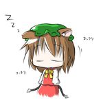  animal_ears aoblue brown_hair cat_ears cat_tail chen chibi hat multiple_tails short_hair sleeping solo standing tail touhou 