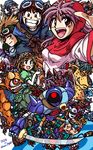  6+boys :d akuma_shinkan atlas_(dragon_quest) bazuzu belial_(dragon_quest) brown_hair character_request cyclops dragon_lord's_great-grandson dragon_quest dragon_quest_ii famicom game_console grin hanbu_hantarou hargon killer_machine king_of_derukondaru looking_at_viewer machinery monster multiple_boys multiple_girls one-eyed open_mouth prince_of_lorasia prince_of_samantoria princess_of_moonbrook purple_hair red_eyes sidoh smile spiked_hair teeth 