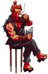  artist_request beads book cup dougi drinking geta gouki male_focus muscle pectorals prayer_beads red_eyes red_hair sitting solo stool street_fighter tea teacup topknot 
