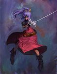  belt binayu boots bow bracelet dress expressionless hair_bow jewelry katana long_hair long_sleeves looking_at_viewer ponytail purple_hair red_dress shaded_face solo sword touhou watatsuki_no_yorihime weapon yellow_bow yellow_eyes 