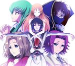  4girls ashford_academy_uniform blood blue_eyes blue_hair brown_hair c.c. choker closed_eyes code_geass flipped_hair green_hair hug hug_from_behind kallen_stadtfeld kasai_shin kururugi_suzaku lelouch_lamperouge mask multiple_boys multiple_girls necktie nunnally_lamperouge orange_hair pink_hair red_hair school_uniform shirley_fenette short_hair spoilers tears 