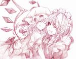  flandre_scarlet fuji_warabi hug izayoi_sakuya monochrome multiple_girls pink touhou 