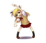  blonde_hair green_eyes heterochromia long_hair lyrical_nanoha mahou_shoujo_lyrical_nanoha_vivid pointing red_eyes ribbon school_uniform serafuku socks st._hilde_academy_of_magic_uniform sweater_vest vivio 