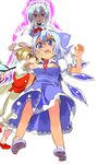  3girls bad_id bad_pixiv_id blonde_hair bloomers blue_hair breast_envy breast_grab breasts cirno flandre_scarlet grabbing hat izayoi_sakuya lace maid medium_breasts multiple_girls ribbon shirow_(crazy) short_hair silver_hair simple_background tears touhou underwear wings 