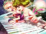  bad_id bad_pixiv_id blonde_hair blue_eyes bow dress gloves green_hair long_hair macross macross_frontier multiple_girls nasu_achiko playing ranka_lee sheryl_nome short_hair smile space star twintails 