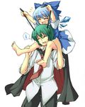  2girls androgynous antenna_grab antennae barefoot blue_hair bow cape carrying child cirno closed_eyes feet green_hair hair_bow happy kokka_han multiple_girls necktie older open_collar reverse_trap ribbon short_hair shoulder_carry simple_background sweatdrop tears touhou wings wriggle_nightbug 