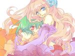  amano blonde_hair blue_eyes blush bow dress flower gloves green_hair hug long_hair macross macross_frontier multiple_girls orange_dress purple_dress ranka_lee red_eyes sheryl_nome short_hair smile twintails 