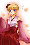  artist_request beatrice blue_eyes blush breasts cosplay detached_sleeves hakama hanyuu hanyuu_(cosplay) higurashi_no_naku_koro_ni japanese_clothes medium_breasts miko red_hakama sideboob solo umineko_no_naku_koro_ni 