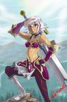  .hack//games 1girl armor black_rose_(.hack//) bra dark_skin day gauntlets grin hand_on_hip hirabaru_kenji lingerie mountain navel pantyhose pink_hair red_eyes shading_eyes short_hair signature sky smile solo sunlight sword tree underwear weapon 