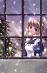  blonde_hair blue_eyes candle christmas_tree from_outside highres looking_at_viewer looking_out_window maid minakami_kaori original ribbon snow solo tree window 
