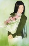  black_hair chen_shu_fen closed_eyes copyright_request flower green_shirt highres long_hair long_sleeves realistic shirt solo sweater turtleneck 