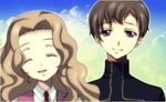  1girl artist_request brown_hair closed_eyes code_geass curly_hair nunnally_lamperouge purple_eyes rolo_lamperouge sky smile 