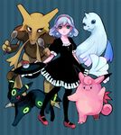  alakazam alternate_color blue_eyes blue_hair bow clefable dewgong dress earrings fangs gen_1_pokemon gen_2_pokemon hairband hat hat_bow horn jewelry neon_trim pantyhose piano_print pixiv pixiv_trainer poke_ball pokemon pokemon_(creature) pokemon_trainer spoon tail umbreon wings yuzawa_risato 