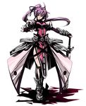  belt buckle dress full_body levantine long_sleeves looking_at_viewer lyrical_nanoha mahou_shoujo_lyrical_nanoha mahou_shoujo_lyrical_nanoha_a's ponytail purple_hair red_dress signum simple_background solo standing sword tabard weapon white_background 