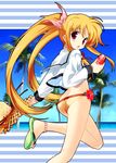  anklet ass bad_id bad_pixiv_id bikini bikini_bottom blonde_hair can coca-cola fate_testarossa hair_ribbon hat jewelry long_hair lyrical_nanoha mahou_shoujo_lyrical_nanoha naruse_hirofumi no_pants open_mouth red_eyes ribbon sandals school_uniform seishou_elementary_school_uniform soda_can solo straw_hat swimsuit twintails 